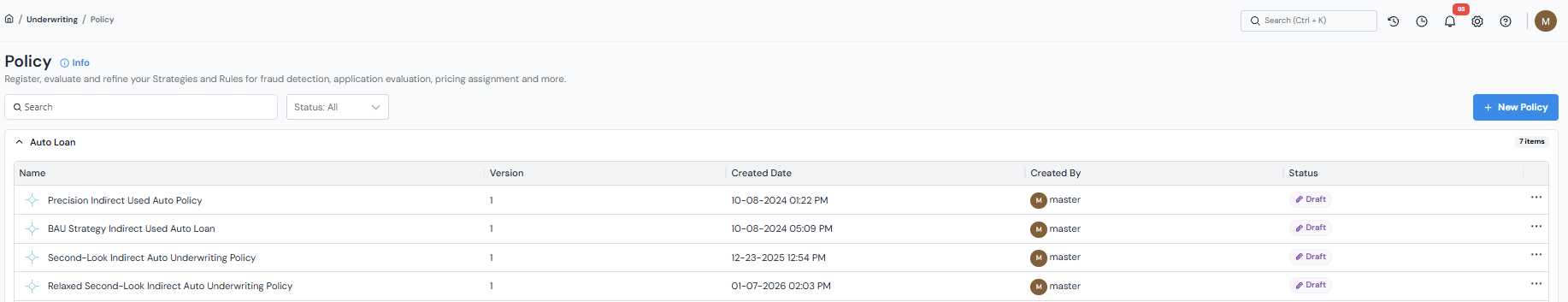 Policy Registry list page with the + New Policy button at the top right.