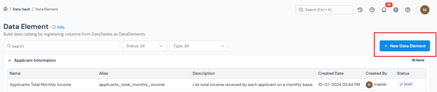 Data Element Registry page with New Data Element button highlighted.