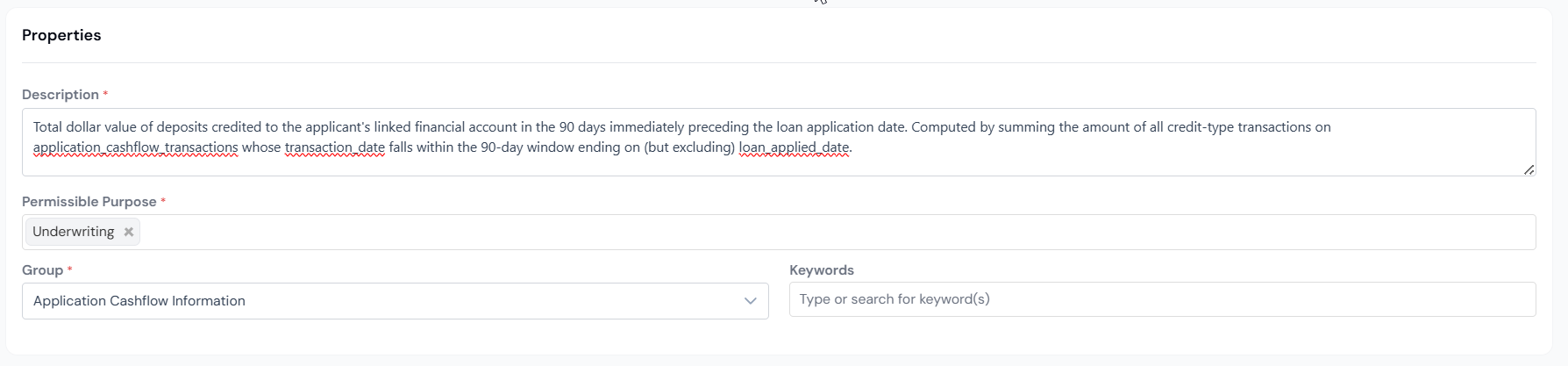 Properties section for an aggregated Data Element with Description, Permissible Purpose, and Group filled in.