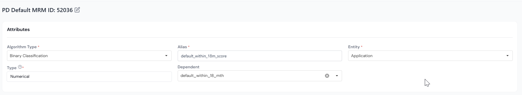 Attributes section of the new Model form with Model Type, Output Feature Alias, Entity, and Output Type filled in.