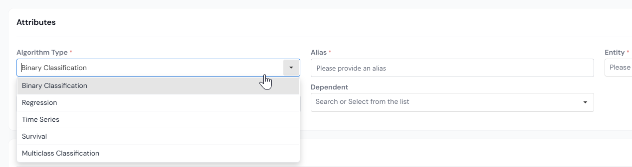 Model Type dropdown showing options like Binary Classification, Regression, and Time Series.
