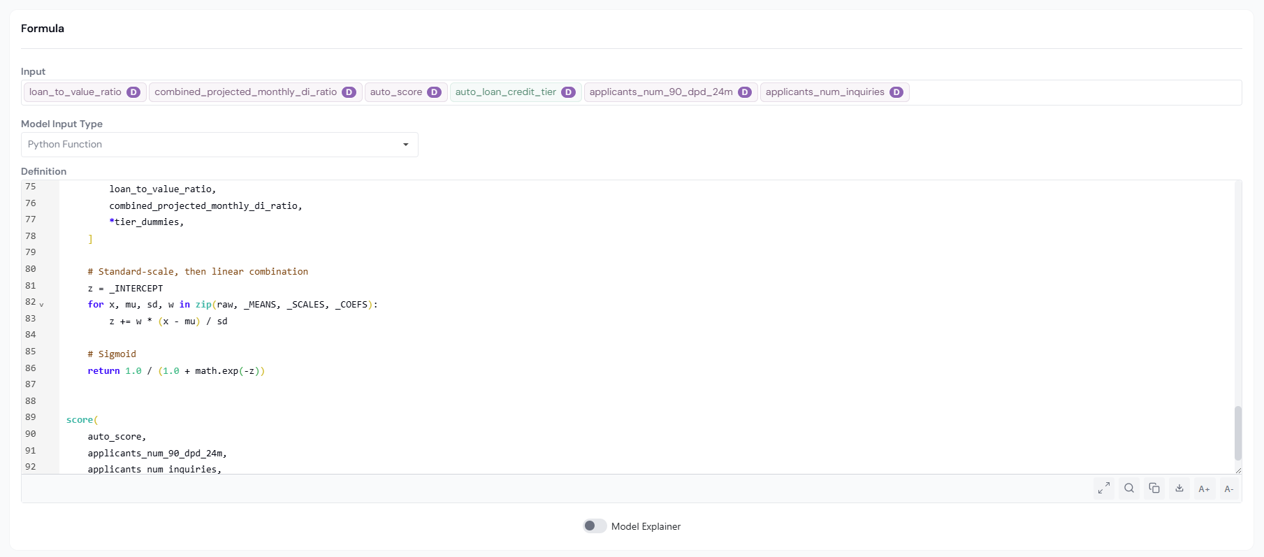 Formula section with a Python scoring function in the editor.