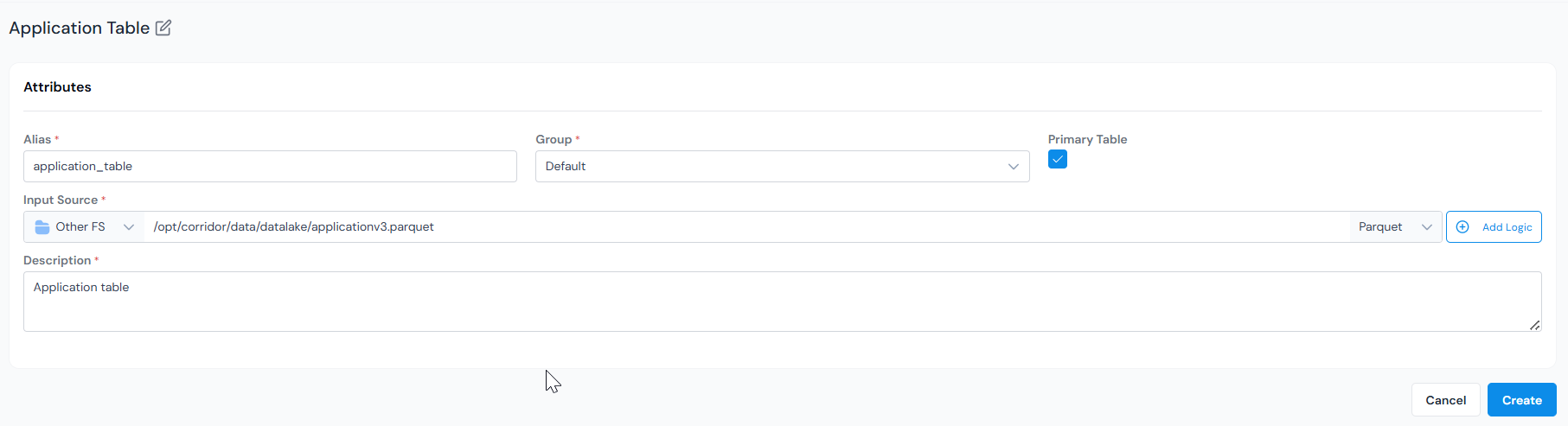 Attributes section of the New Data Table form with Alias, Group, and Description filled in.