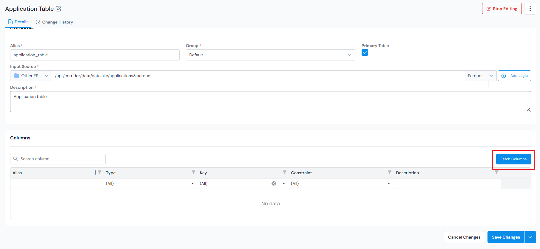 Fetch Columns action on the DataTable details page.