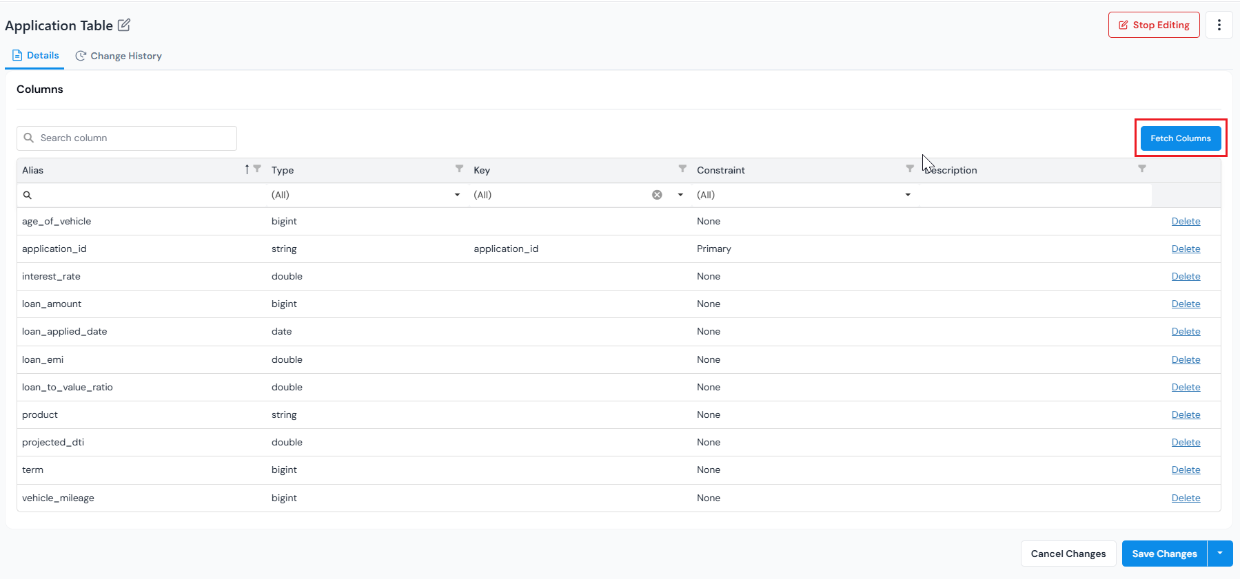 Columns section populated after fetching the schema from the source.