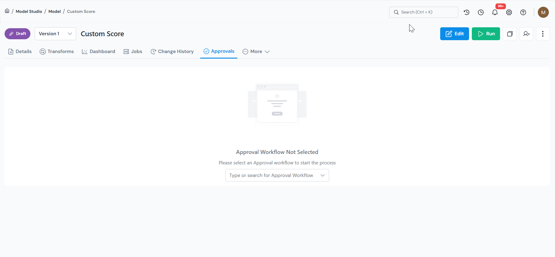Approvals tab showing the Approval Workflow Not Selected empty state with a workflow dropdown.