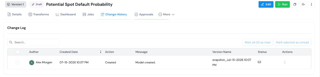Audit log for a registered model in Corridor showing change history with timestamps and authors.