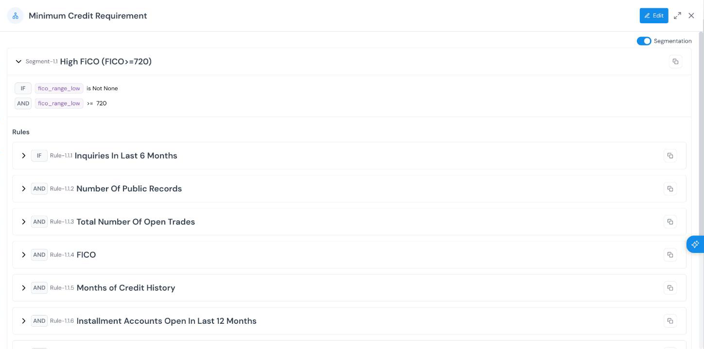 A decision block opened from the workflow canvas, showing its segments and the rules inside the first segment.