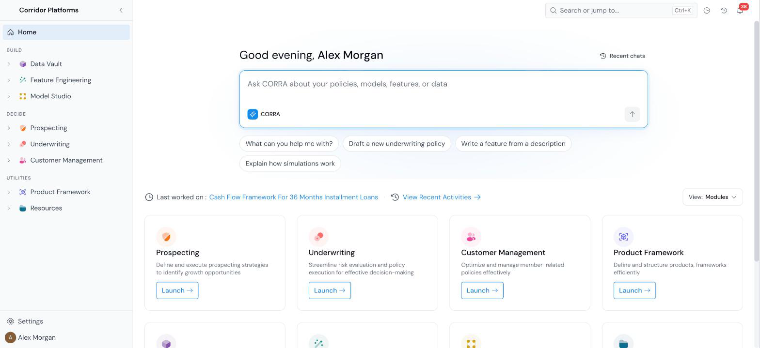 Home page in the Modules view: greeting, Ask CORRA box with suggestion chips, Last worked on link, View switcher, and module tiles.
