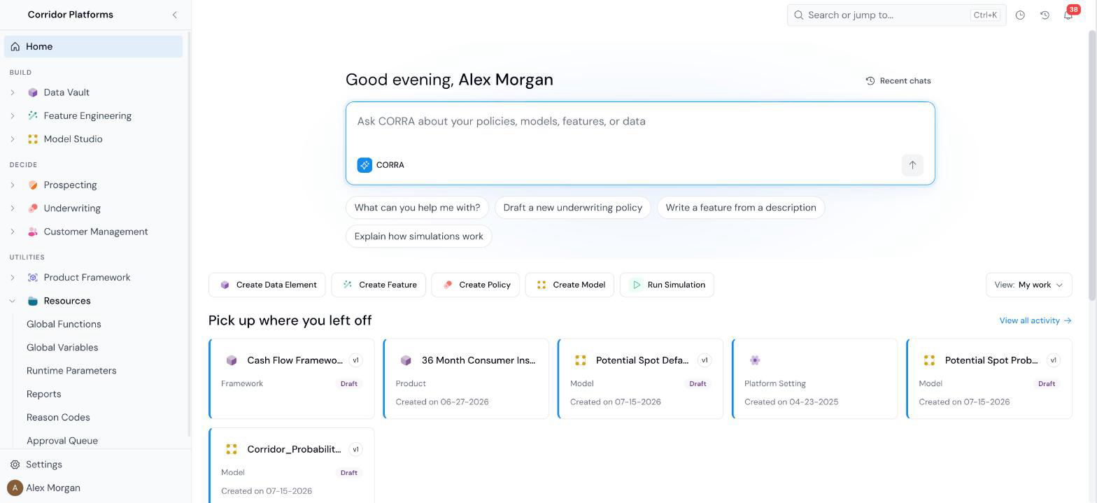 Home page in the My work view: quick-create buttons, Pick up where you left off cards, and the View switcher set to My work.