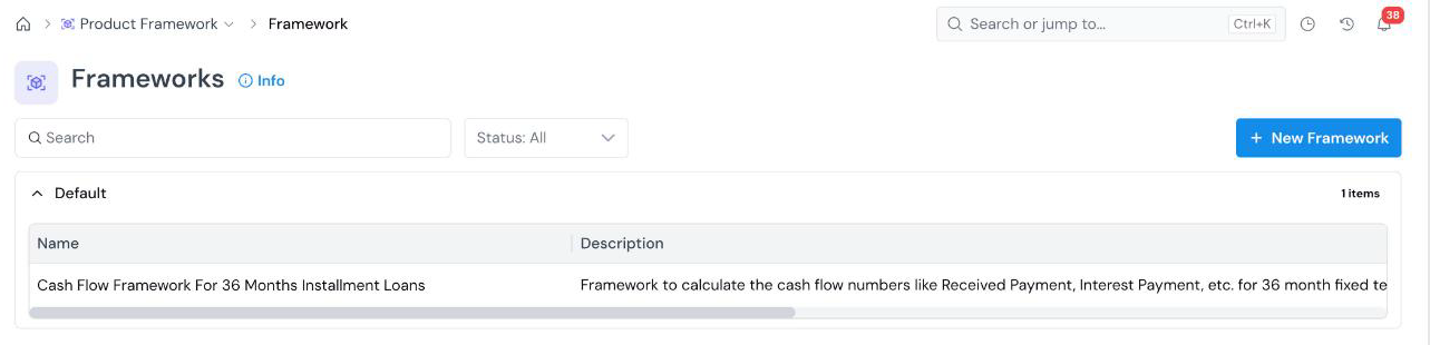 Frameworks registry page with a search box, a Status filter, one framework listed under the Default group, and the New Framework button.