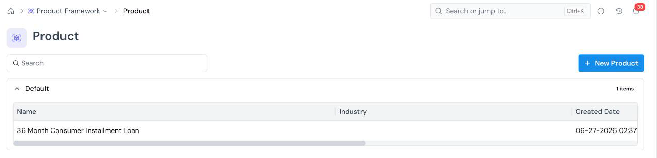 Product registry page listing one product under the Default group, with the New Product button at the top right.